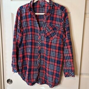 Women’s J. Jill Red & Blue Plaid Button-Up Tunic 100% Cotton Medium Pet. Western